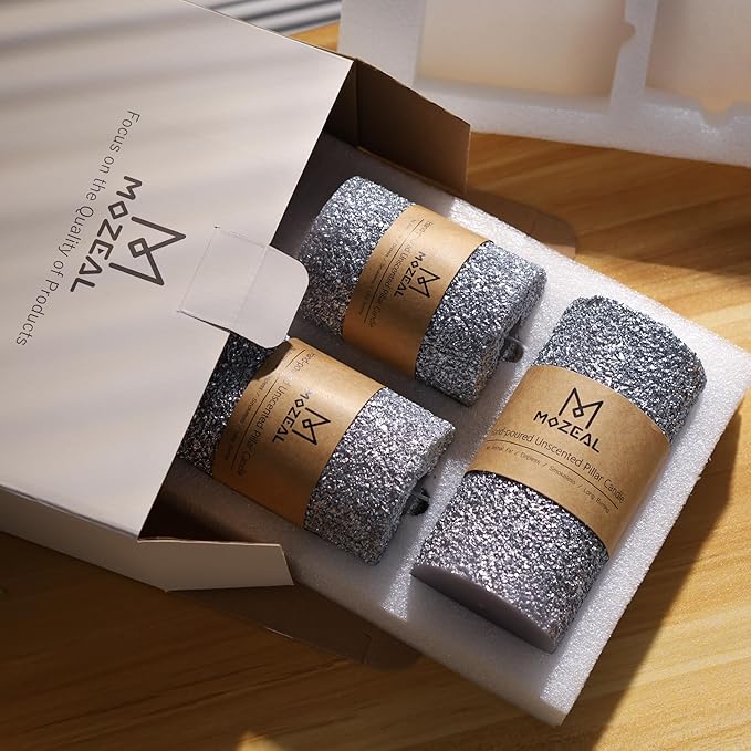 MOZEAL Hand-Poured Granular Texture Decorative Silver Pillar Candles Set of 3 (3"x4", 5", 6"), pprox 300 Hours Burn Time Dripless, Unscented, Smokeless, for Elegant Wedding, Luxury Party Décor