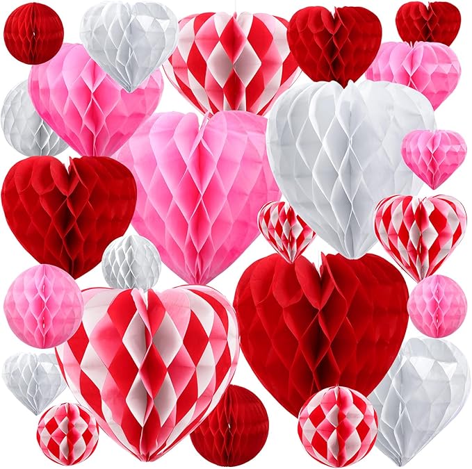 48 Pcs Valentine's Day Paper Heart Shaped Honeycomb Party Decorations Red Pink White Color Blocking Round Heart Tissue Paper Pom Poms for Birthday Wedding Decorations, 5 Size