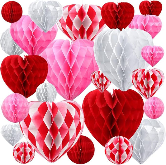 48 Pcs Valentine's Day Paper Heart Shaped Honeycomb Party Decorations Red Pink White Color Blocking Round Heart Tissue Paper Pom Poms for Birthday Wedding Decorations, 5 Size