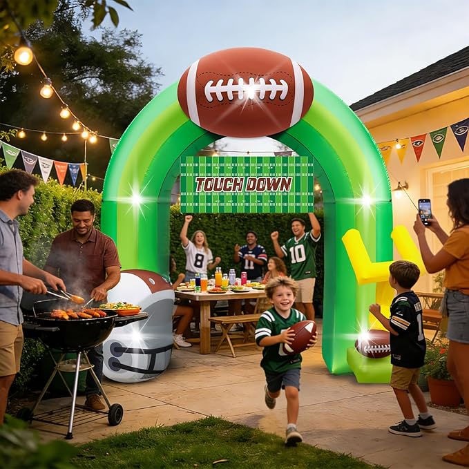 Eyourlife 9FT Football Party Decorations for Game Day Blow Up with Helmet Built in LED Lights Goal Post for Yard Giant Balloon Photo Prop for Gift Light Green Football Inflatable Arch