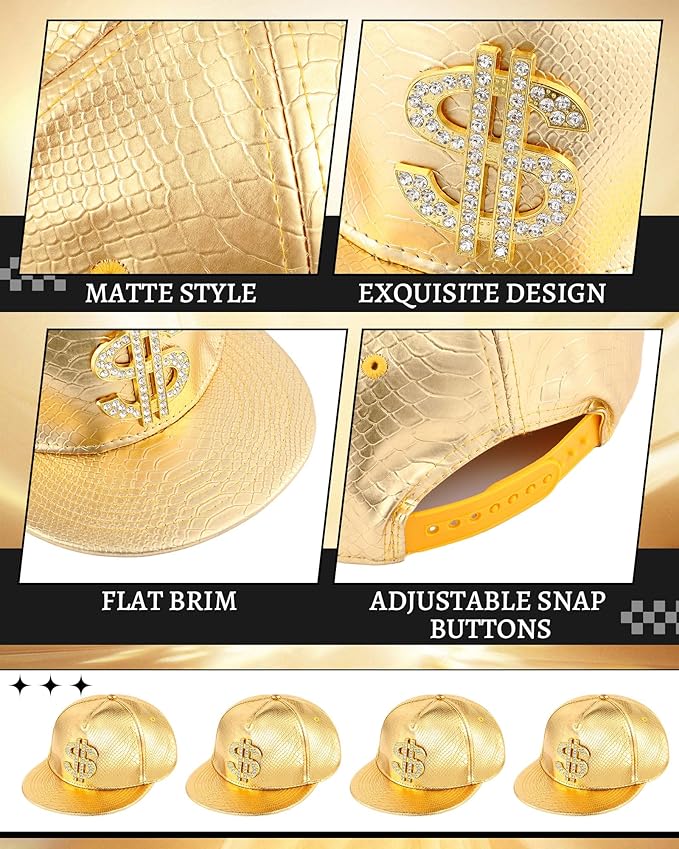 Xtinmee 12 Pcs Gold Hip Hop Hats Bulk 80s 90s Hat with Dollar Sign Hip Hop Birthday Party Decorations Flat Brimmed Rock Cap