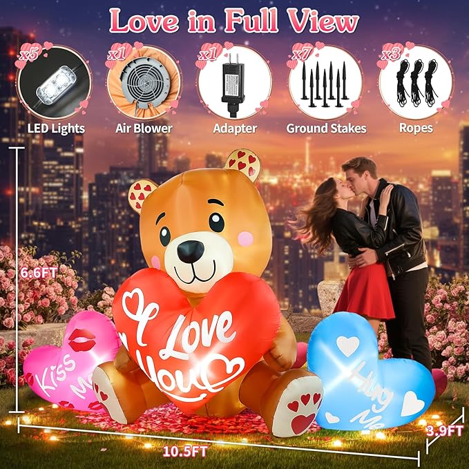 LETIME 10.5 FT Long Valentines Inflatables Outdoor Decorations Valentines Day Blow up Bear with Hearts and LED Lights for Holiday Party Outdoor Yard Garden Lawn Wedding Anniversary