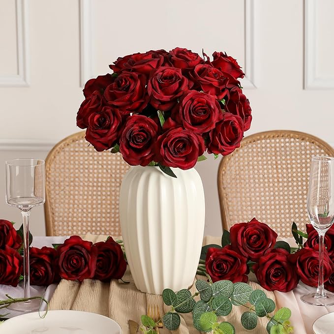 Kisflower 80 Pcs Burgundy Roses Artificial Flowers Bulk, Maroon Flowers Artificial Silk Roses with Stems for Decoration DIY Wedding Bouquet Bridal Shower Party Home Table Centerpieces Decor (Burgundy)