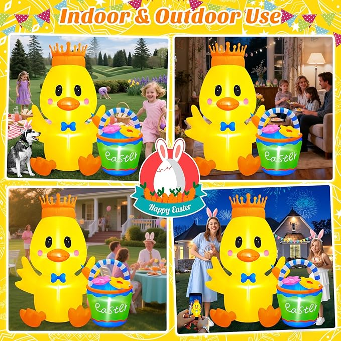 Danxilu 6 FT Tall Easter Inflatables Outdoor Decorations, Giant Blow Up Chick with Flower Basket & Crown, Built-in LED Lights Yard Decor for Outside Indoor Party Patio Lawn Holiday Spring