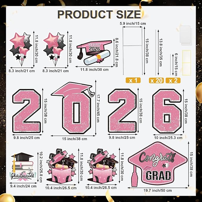 Large 11 PCS Graduation Yard Signs, Class of 2026 Congrats Grad Outdoor Lawn Yard Sign with Stakes, Graduate Yard Decorations for College High School Party, Pink
