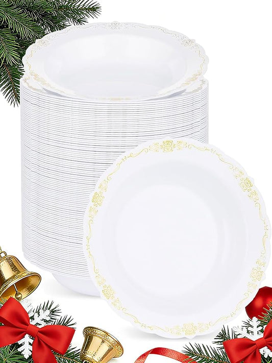 100 Pack White Plastic Bowls with Gold Rim, 12oz Disposable Soup Bowl, Heavy Duty Dinner Bowls for Party, Weddings, Dinners, Catering and Everyday Use