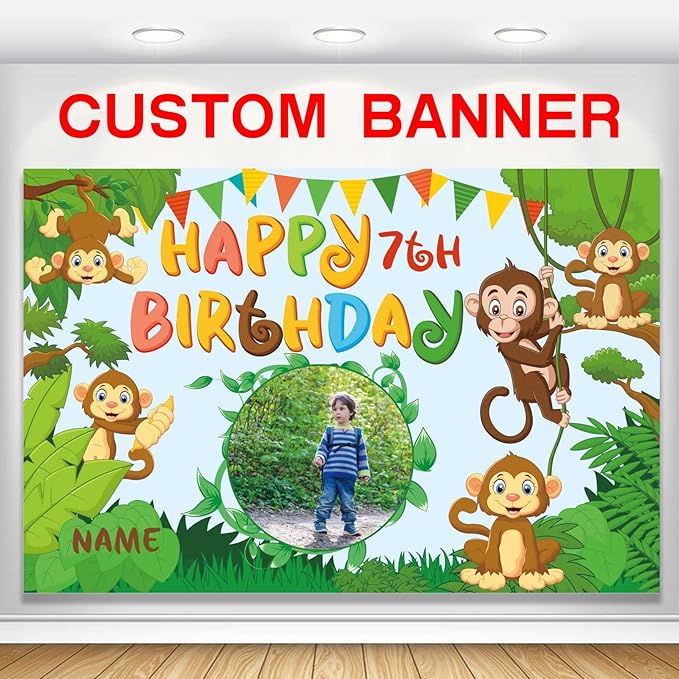 Custom Monkey Jungle Safari Happy Birthday Party Decorations Supplies Personalized Monkey Jungle Safari Green Birthday Backdrop Banner(6x9ft)