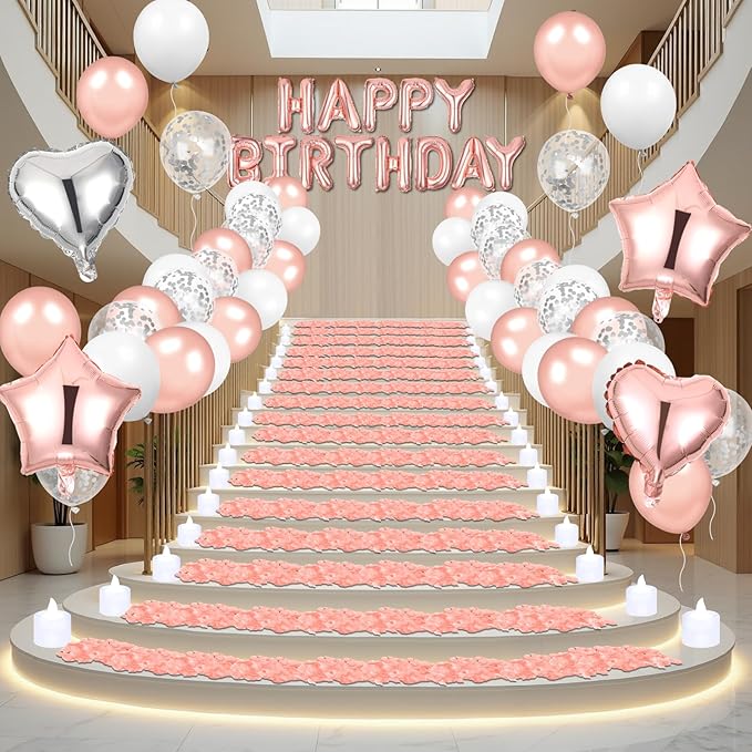 Pink Birthday Balloons Decorations Rose Gold Birthday Balloon Letters Banner with 6 Pcs Star Balloons Pink Artificial Rose Petals 24 Flameless LED Candles for Room Bday Party Decorations Supplies