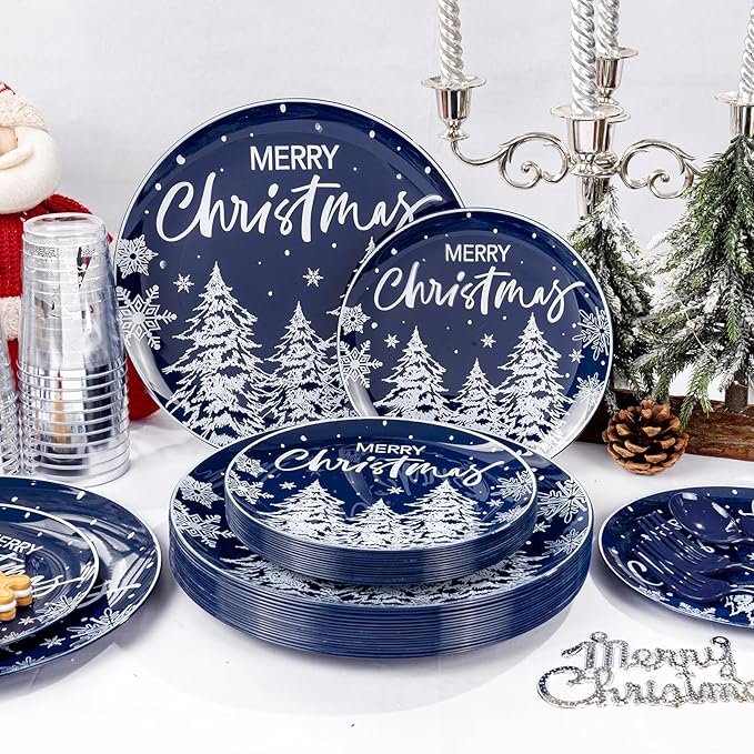 Supernal 150pcs Blue Christmas Plastic Plates - Christmas Party Tableware Set Include Blue Plastic Plates with White Xmas Trees, Heavy Duty Silverware Disposable, Silver Cups for New Year
