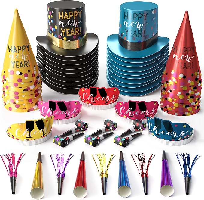 Crown Display New Years Party Favors 2026 200 Person Extravaganza Top Hats Tiaras Horns Noise Makers New Year Eve Hats Happy New Year Hats Decorations 2026 New Years Eve Party Favors