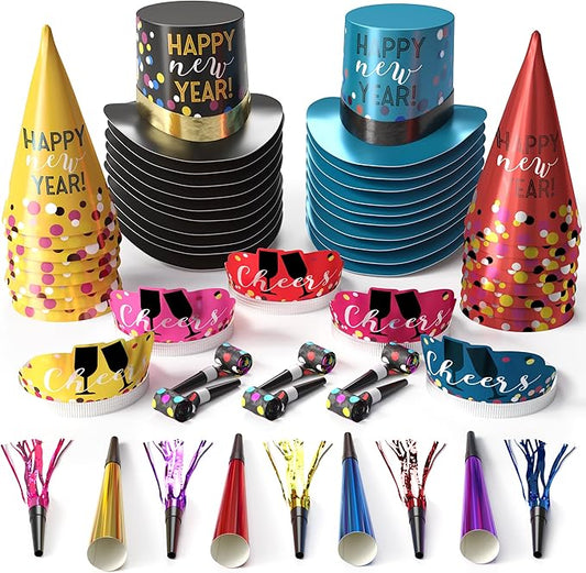 Crown Display New Years Party Favors 2026 200 Person Extravaganza Top Hats Tiaras Horns Noise Makers New Year Eve Hats Happy New Year Hats Decorations 2026 New Years Eve Party Favors