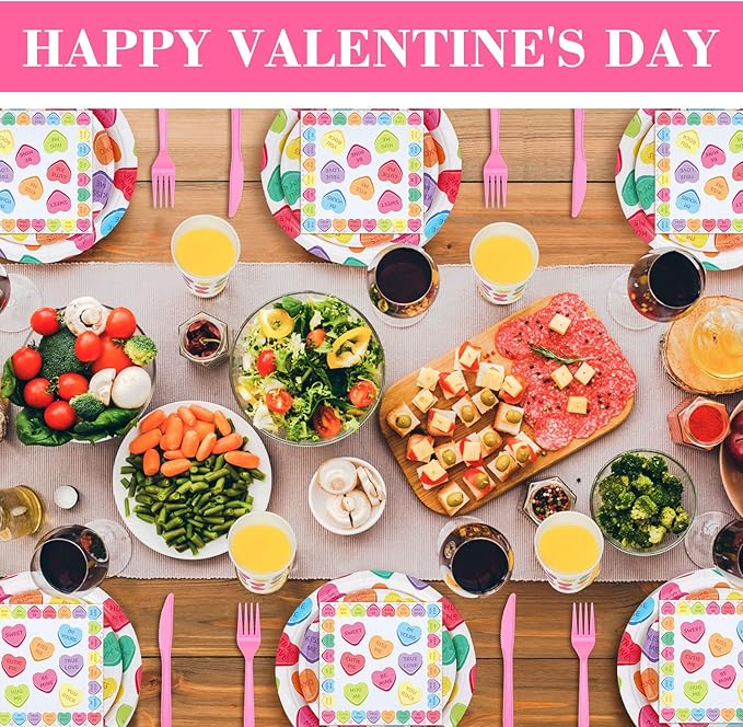 Layhit 350 Pcs Valentine's Day Tableware Sets Conversation Heart Paper Plates Valentines Plates Napkins Cups Disposable Colorful Heart Candy Dinnerware for Valentine Weddings Birthday, Serve 50