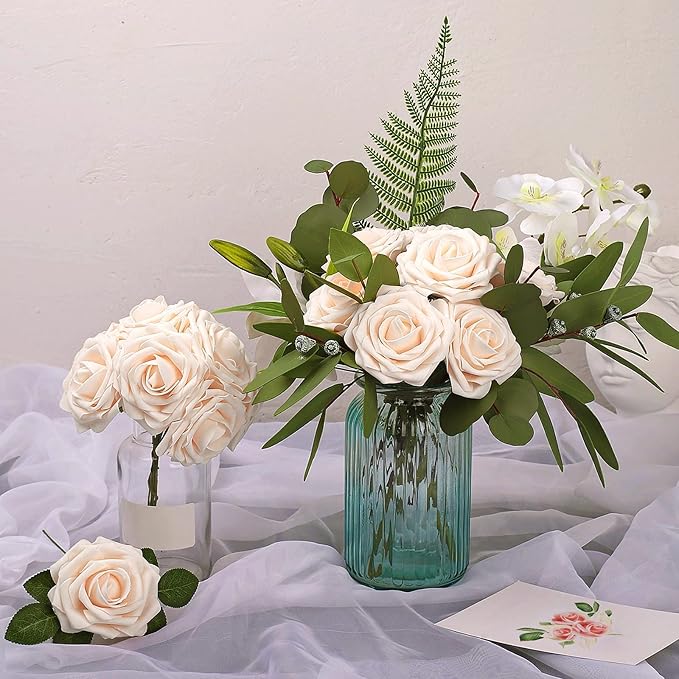 AmyHomie Artificial Flowers Champagne Rose 50pcs Real Looking Fake Roses w/Stem for DIY Wedding Bouquets Centerpieces Arrangements Party Baby Shower Valentines Day Christmas Tree Decorations