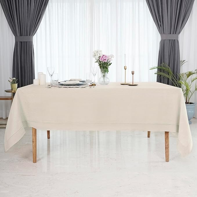 D'Moksha Homes Light Natural Linen Tablecloth 52 x 52 Inch - 100% Pure Linen Square Table Throw - Classic Hemstitch, Machine Washable Table Cloth for Valentines, Spring, Easter