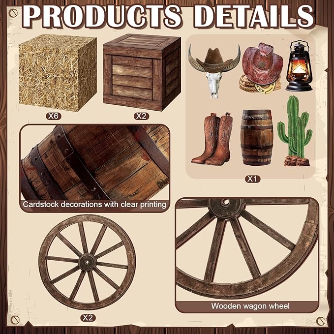 16 Pcs Western Cowboy Party Decorations 6 Hay Bales Boxes Wooden Print Boxes Wagon Wheels and Western Cowboy Centerpieces Decor for Photo Booth Props Farm Cowgirl Birthday Party