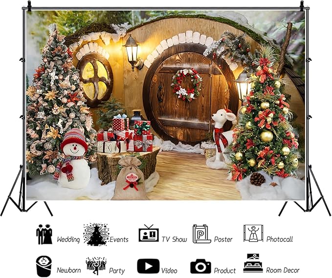 Baocicco 15x10ft Merry Christmas Photography Backdrops Winter Holiday Xmas Trees Gifts Snowman Wooden Barn Door Background Festival Celebration Backdrop Banner Supplies New Year Eve Party Decorations