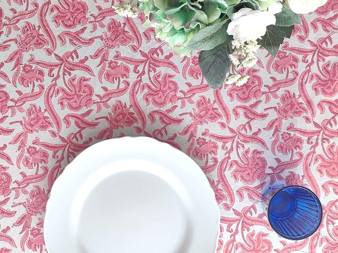 ATOSII Red Bloom 100% Cotton Tablecloth, Handblock Print Rectangle Table Cover for Kitchen Dining I Tabletop Linen I Parties, Wedding, Spring Summer Table Cloth 60 X 90 Inches