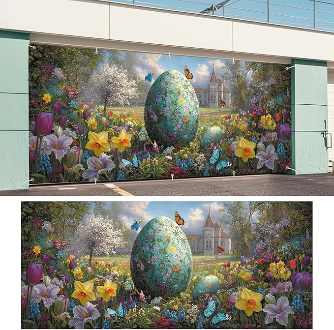 Floral Easter Egg Garden Garage Door Banner 7x16FT, Colorful Eggs & Spring Flowers Garage Door Cover, Outdoor Decoration for Easter & Spring