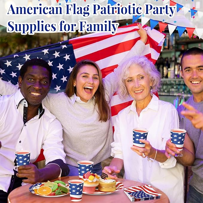 400 Pcs American Flag Patriotic Party Supplies Labor Day Disposable Paper Plates Napkins and Cups Veterans Election Tableware for Independence 4th of July Memorial Day(Novelty)