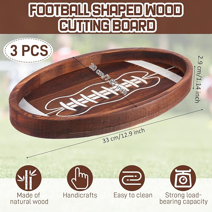 Hushee 3 Pcs Football Serving Trays and Platters 13 Inch Wooden Shaped Football Serving Dishes Tailgate Party Platter Snack for Game Party Decoration(Classic Style)
