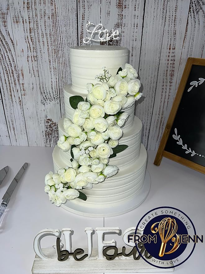 FromJennWithLove 4 Tier Fake Cake - 16'' Tall Ivory Cake with White & Ivory Flowers - Perfect With Wedding Cake Toppers & Cake Decorations for Event Planners, Wedding Coordinators, Special Events