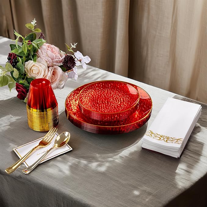 DaYammi 175PCS Clear Red Plastic Dinnerware Set, Hammered Disposable Plates for Valentine's Day Party, Include: 25 Dinner Plates 25 Dessert Plates 75 Gold Silverware 25 Napkins 25 Cups