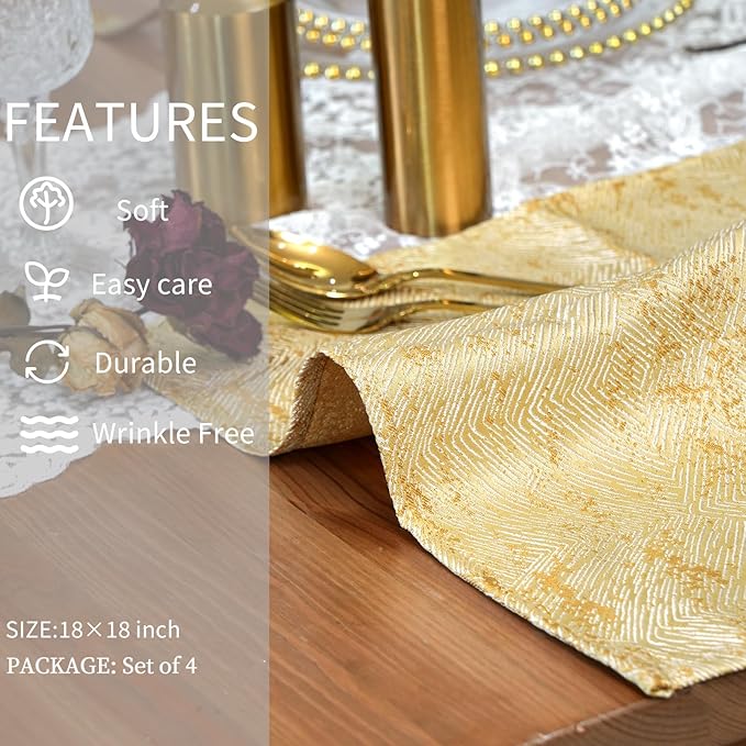 Gold Napkins Set of 4, Cloth Napkins Cotton Polyester Blend, Yarn-Dyed Jacquard Napkin Ideal for Dinner, Parties, Restaurant, Weddings - 18x18 Inch, Gold