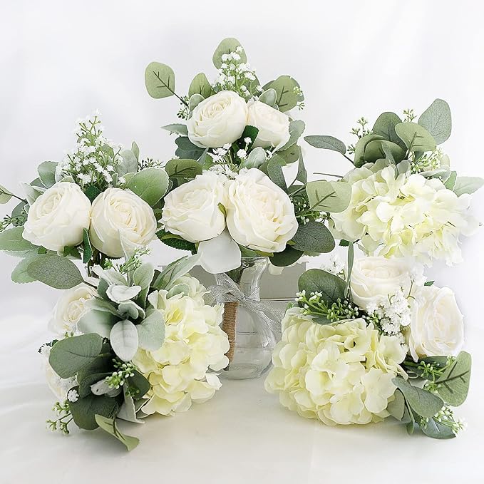 Bridesmaid Bouquets Set of 6 - Ivory White Artificial Flowers Bouquet for Bridesmaids Wedding Small Floral Centerpieces for Marriage Proposal Party Anniversary Dining Table Decor -7 Inch