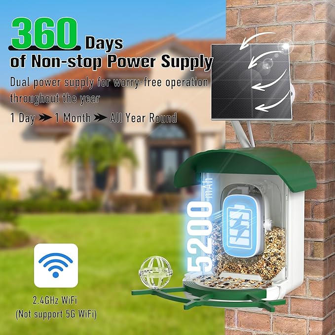 Bird Feeder with Camera 3W Solar Powered Panel Valentines Day Gifts: Smart Bird Feeder for Outdoors with AI Birds Identify Auto Capture, 2K Live Video, Ideal Gift for Parents Men Women(Green)