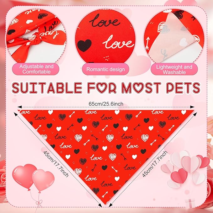 100 Pcs Valentine's Day Dog Bandanas & Flowers Set, Heart Love Pet Scarf Accessories for Dogs, Grooming, Party, Photo Props & Pet Shop Decorations