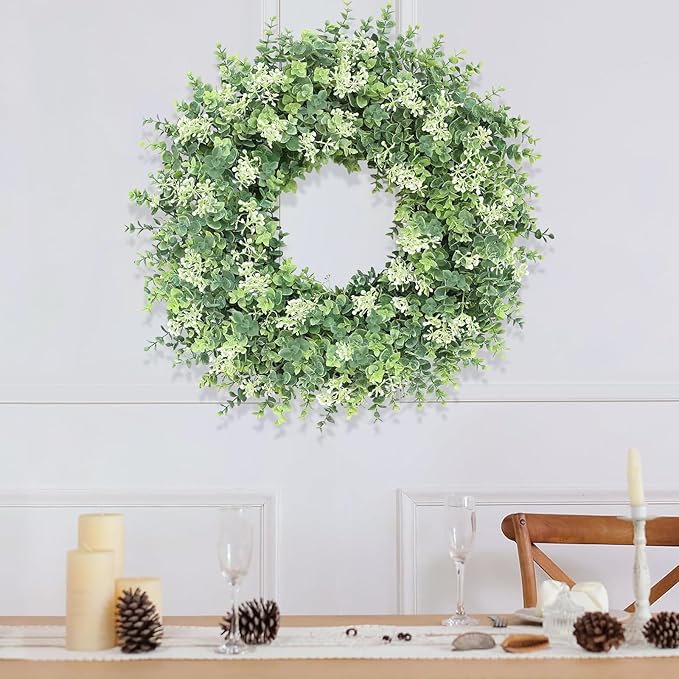 26IN Large Boxwood Wreath for Front Door Green Faux Wreaths Spring Summer Artificial Boxwoods Leaves Door Wreath with White Seeds Greenery Outdoor Indoor Window Porch Wall Home Door Decor All Season