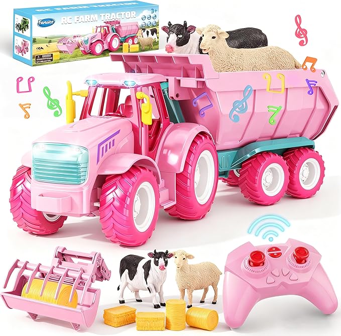 Funwee RC Farm Tractor Toy w/Light & Music, Kid Truck Toy w/Front Loader & Farm Animal, 2.4GHz RC Tractor Trailer Car Vehicle Toy for Boy Girl Age 3 4 5 6 7+ Year Old Christmas Birthday Gift (Pink)