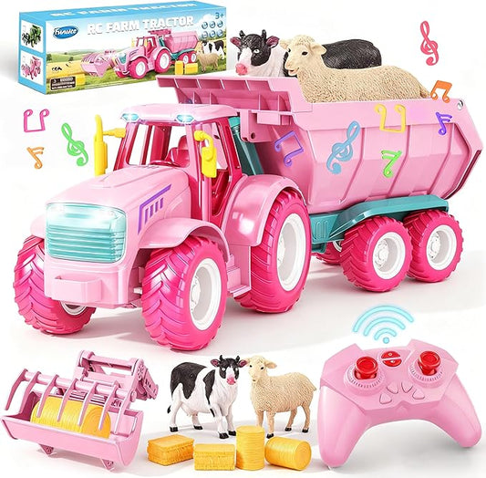 Funwee RC Farm Tractor Toy w/Light & Music, Kid Truck Toy w/Front Loader & Farm Animal, 2.4GHz RC Tractor Trailer Car Vehicle Toy for Boy Girl Age 3 4 5 6 7+ Year Old Christmas Birthday Gift (Pink)