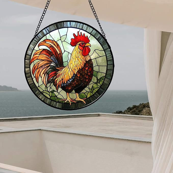 Stained Glass Window Hanging - Rooster Suncatcher for Doors Garden Patio Retro Colored Chicken Sun Catchers Decor Christmas Mother's Day Birthday Gifts for Women Men Mom Nana Friend 11.8 in