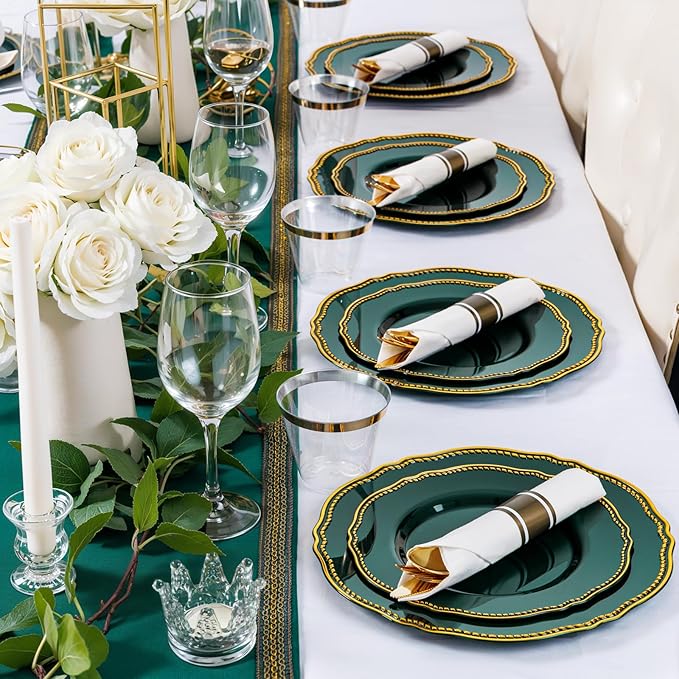 Hioasis 350pcs Green Gold Plastic Plates - Gold Plastic Dinnerware Set Includes 50 Dinner Plates, 50 Dessert Plates, 50 Gold Utensils, 50 Napkins Perfect for Wedding & Party