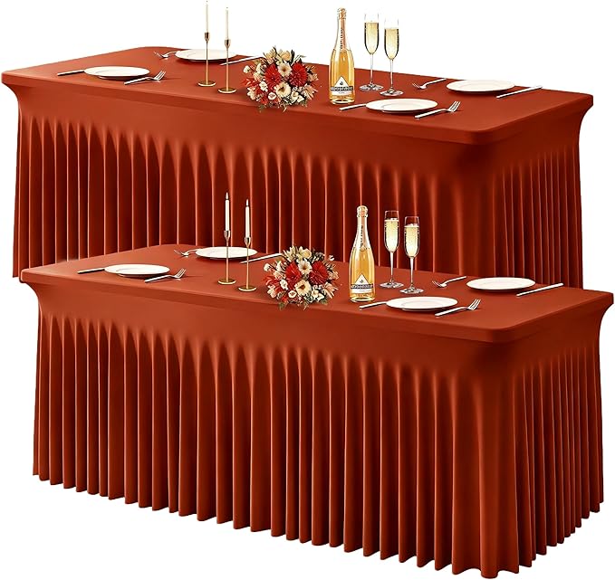 Wish Care 2 Pack Rust Spandex Table Clothes for 8 Foot Rectangle Tables, 8FT Wrinkle Free Fitted Tablecloths Ruffles Design Table Cloth for Party, Banquet, Wedding and Events