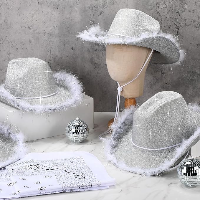Coume 12 Pcs Sparkly Adults Cowboy Hat and Bandanas Women Men Western Glitter Cowgirl Party Hats with Adjustable Drawstring