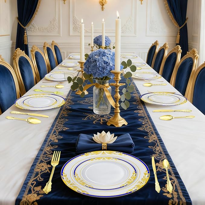 MENDENG 350pcs Plastic Plates for Party Plates Disposable Heavy Duty Platos Desechables Elegantes for Wedding Reception Thanksgiving Christmas Plates and Cups and Napkins and Gold Cutlery Sets