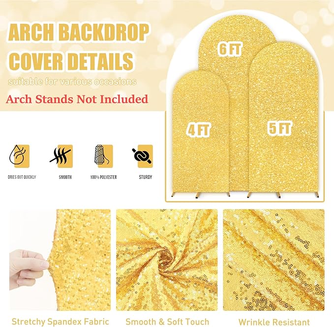 FUHSY Gold Arch Cover Set of 3 Sequin Backdrop Cover Chiara Spandex Cover for Arch Glitter Wedding Arch Covers Stretchy Backdrop Fabric for Birthday Party Balloon Arched Stand Decor 4ft 5ft 6ft