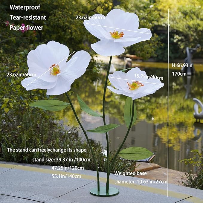 Large Paper Artificial Flowers,Giant Flowers for Decoration,Huge Handcrafted Poppy Fake Flowers with Stand for Home Decor Bridal Shower Party Outdoors Yard Event Backdrop Decor (White)