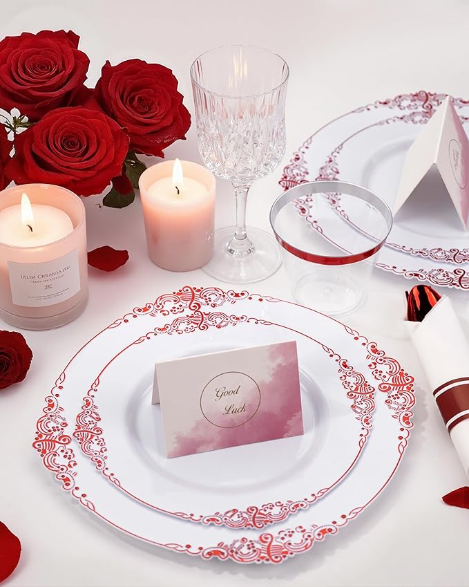 Nervure 175PCS Red Plastic Plates - White Red Plastic Dinnerware Sets for 25 Guests - 50 Red Disposable Plates, 25 Pre Rolled Cutlery Set, 25 Cups Perfect for Wedding, Party