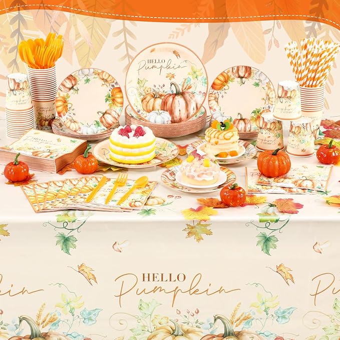 452 Pcs Hello Pumpkin Thanksgiving Fall Party Supplies for 50, Thanksgiving Pumpkins Paper Plates Napkins Cups Tablecloth Cutlery Straws for Autumn Harvest Birthday Baby Shower Decorations