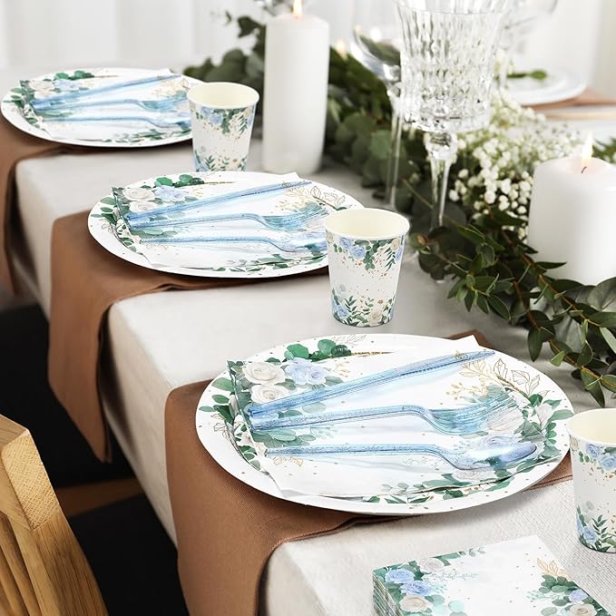 400 Pcs Sage Green Color Party Supplies Serve 50 Guests Eucalyptus Flowers Disposable Paper Plates Napkins and Cups for Bridal Baby Shower Birthday Wedding Party Decorations (Chic)