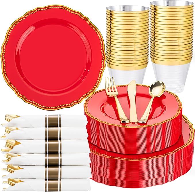 Hioasis 175pcs Red Gold Plastic Plates - Red Plastic Dinnerware Set Includes 25 Dinner Plates, 25 Dessert Dinnerware, 25 Cups, 25 Pre-rolled Napkins Perfect for Wedding & Party