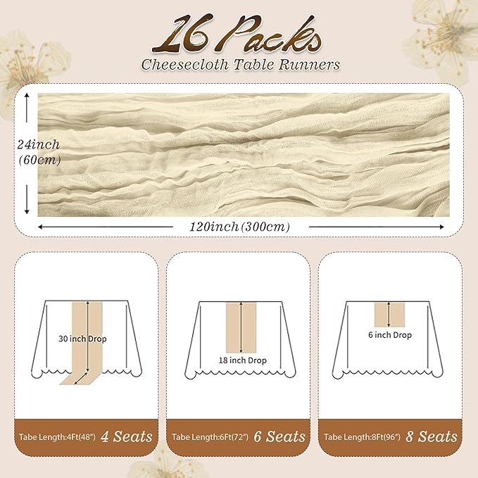 16Packs Beige Cheesecloth Table Runners – Boho Gauze Vintage Table Decor, 120 Inch Long Rustic Cheese Cloth Runner for Wedding, Bridal Shower, Birthday, Romantic Party 10Ft (Beige, 24" x 120"-16Packs)
