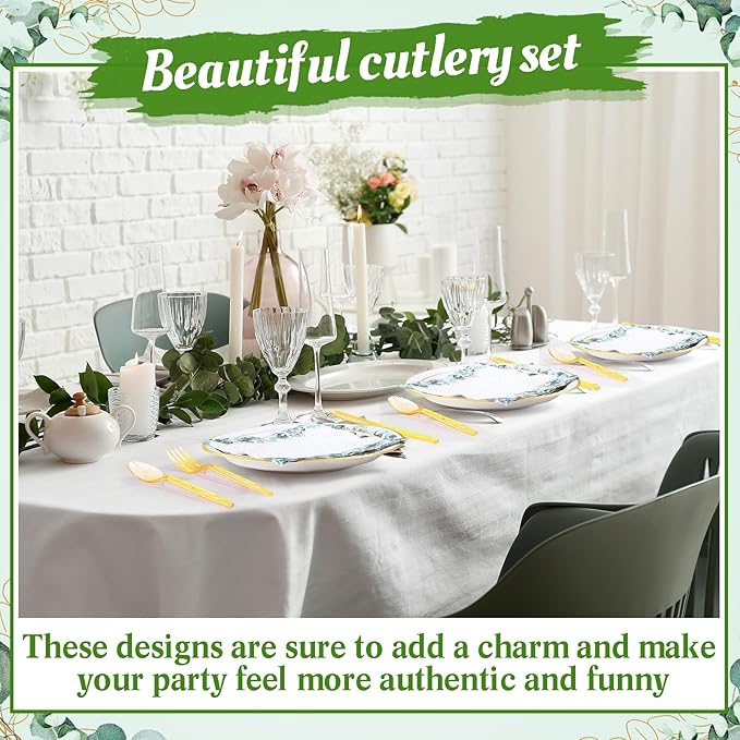 400 Pcs Sage Green Color Party Supplies Serve 50 Guests Eucalyptus Flowers Disposable Paper Plates Napkins and Cups for Bridal Baby Shower Birthday Wedding Party Decorations(Classic)