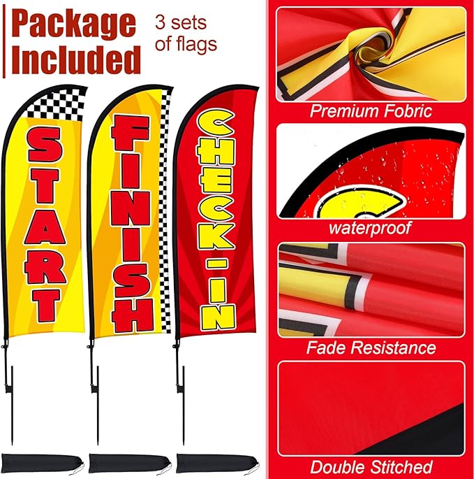 Buryeah 3 Feather Flag Start Advertising Banner Swooper Flag with Pole Kit and Ground Stake for Marathons and Special Events Outsid (12 ft,Red and Yellow)