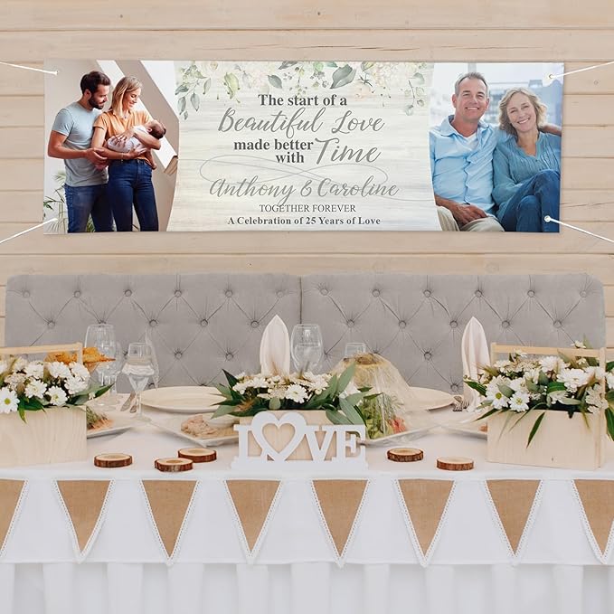 Let's Make Memories Personalized Banner - Anniversary Party Decor - Customized Banner - Any Message - Indoor/Outdoor Vinyl - Now and Then Photos - 8 ft