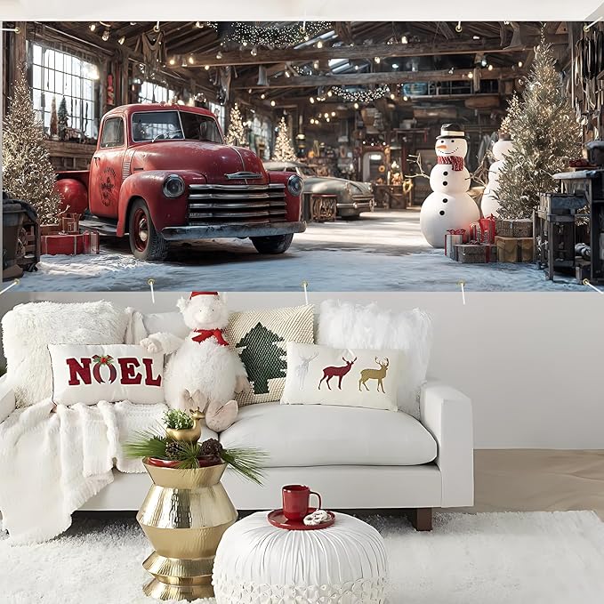 Christmas Garage Door Banner 7x16FT, Vintage Red Truck and Snowman Garage Cover, Outdoor Xmas Decorations for Garage Doors Driveways Holiday Parties