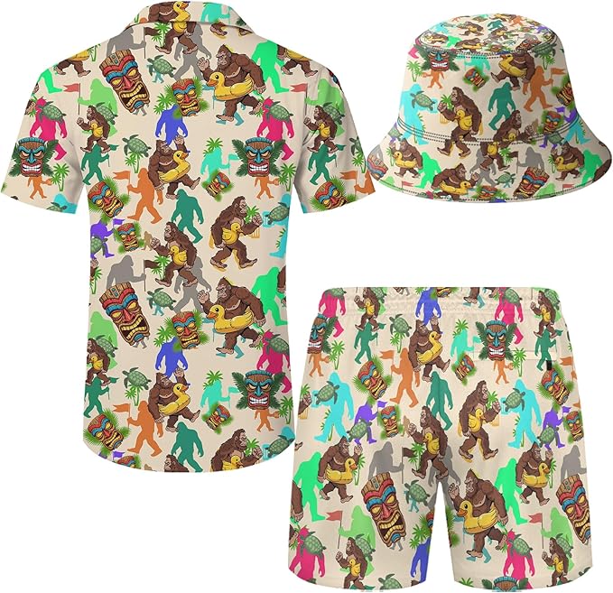 Men's Hawaiian Shirt and Shorts Set 2 Piece Beach Outfits with Bucket Hats for Beach Days and Summer Vibes